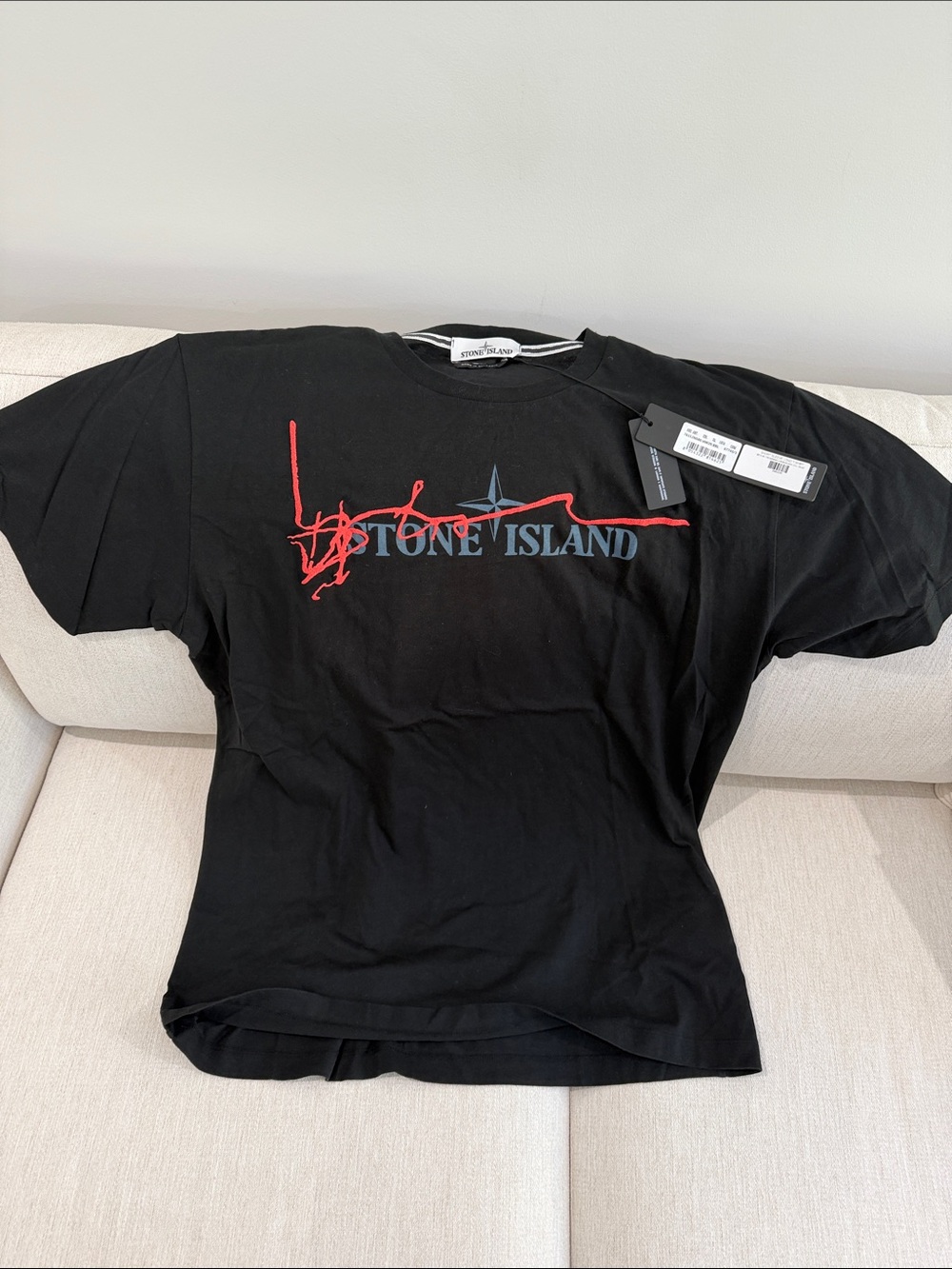 Stone Island Black Tee with Red & Blue Logo Graphic